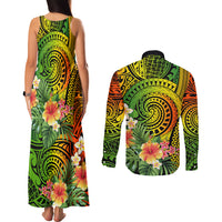 Polynesia Couples Matching Tank Maxi Dress and Long Sleeve Button Shirt Pasifika Tribal with Tropical Flowers LT9 - Polynesian Pride
