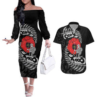 ANZAC Day Aotearoa Silver Fern Maori Personalised Couples Matching Off The Shoulder Long Sleeve Dress and Hawaiian Shirt