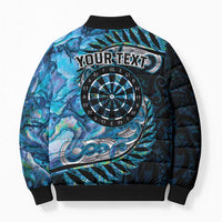 New Zealand Darts Personalised Bomber Puffer Jacket Aotearoa Silver Fern Blue Papua Shell Spirit - Polynesian Pride