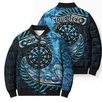 New Zealand Darts Personalised Bomber Puffer Jacket Aotearoa Silver Fern Blue Papua Shell Spirit - Polynesian Pride
