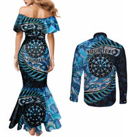 New Zealand Darts Personalised Couples Matching Mermaid Dress and Long Sleeve Button Shirt Aotearoa Silver Fern Blue Papua Shell Spirit