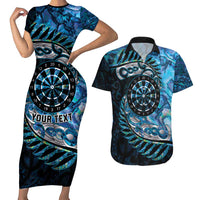 New Zealand Darts Personalised Couples Matching Short Sleeve Bodycon Dress and Hawaiian Shirt Aotearoa Silver Fern Blue Papua Shell Spirit