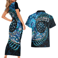 New Zealand Darts Personalised Couples Matching Short Sleeve Bodycon Dress and Hawaiian Shirt Aotearoa Silver Fern Blue Papua Shell Spirit
