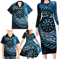 New Zealand Darts Personalised Family Matching Long Sleeve Bodycon Dress and Hawaiian Shirt Aotearoa Silver Fern Blue Papua Shell Spirit