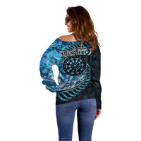 New Zealand Darts Personalised Off Shoulder Sweater Aotearoa Silver Fern Blue Papua Shell Spirit