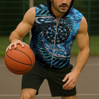 New Zealand Darts Personalised Sleeveless Zip Hoodie Aotearoa Silver Fern Blue Papua Shell Spirit - Polynesian Pride