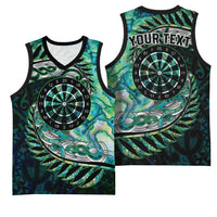 New Zealand Darts Personalised Basketball Jersey Aotearoa Silver Fern Green Papua Shell Spirit - Polynesian Pride