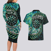 New Zealand Darts Personalised Couples Matching Long Sleeve Bodycon Dress and Hawaiian Shirt Aotearoa Silver Fern Green Papua Shell Spirit