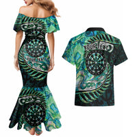 New Zealand Darts Personalised Couples Matching Mermaid Dress and Hawaiian Shirt Aotearoa Silver Fern Green Papua Shell Spirit