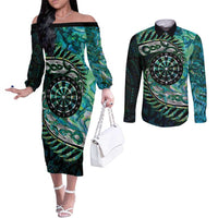 New Zealand Darts Personalised Couples Matching Off The Shoulder Long Sleeve Dress and Long Sleeve Button Shirt Aotearoa Silver Fern Green Papua Shell Spirit