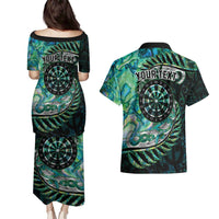 New Zealand Darts Personalised Couples Matching Puletasi and Hawaiian Shirt Aotearoa Silver Fern Green Papua Shell Spirit