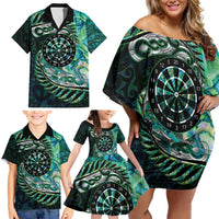 New Zealand Darts Personalised Family Matching Off Shoulder Short Dress and Hawaiian Shirt Aotearoa Silver Fern Green Papua Shell Spirit