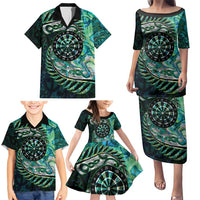 New Zealand Darts Personalised Family Matching Puletasi and Hawaiian Shirt Aotearoa Silver Fern Green Papua Shell Spirit