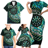 New Zealand Darts Personalised Family Matching Short Sleeve Bodycon Dress and Hawaiian Shirt Aotearoa Silver Fern Green Papua Shell Spirit