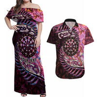 New Zealand Darts Personalised Couples Matching Off Shoulder Maxi Dress and Hawaiian Shirt Aotearoa Silver Fern Pink Papua Shell Spirit