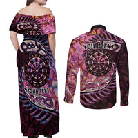 New Zealand Darts Personalised Couples Matching Off Shoulder Maxi Dress and Long Sleeve Button Shirt Aotearoa Silver Fern Pink Papua Shell Spirit