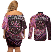 New Zealand Darts Personalised Couples Matching Off Shoulder Short Dress and Long Sleeve Button Shirt Aotearoa Silver Fern Pink Papua Shell Spirit