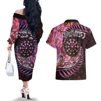 New Zealand Darts Personalised Couples Matching Off The Shoulder Long Sleeve Dress and Hawaiian Shirt Aotearoa Silver Fern Pink Papua Shell Spirit