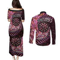 New Zealand Darts Personalised Couples Matching Puletasi and Long Sleeve Button Shirt Aotearoa Silver Fern Pink Papua Shell Spirit