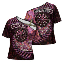 New Zealand Darts Personalised Cross Shoulder Shirt Aotearoa Silver Fern Pink Papua Shell Spirit - Polynesian Pride