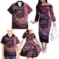New Zealand Darts Personalised Family Matching Off The Shoulder Long Sleeve Dress and Hawaiian Shirt Aotearoa Silver Fern Pink Papua Shell Spirit