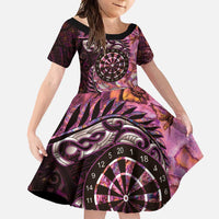 New Zealand Darts Personalised Family Matching Short Sleeve Bodycon Dress and Hawaiian Shirt Aotearoa Silver Fern Pink Papua Shell Spirit