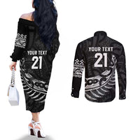 New Zealand Indigenous-Maori Rugby Custom Couples Matching Off The Shoulder Long Sleeve Dress and Long Sleeve Button Shirt