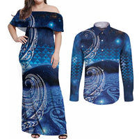 New Zealand Matariki Couples Matching Off Shoulder Maxi Dress and Long Sleeve Button Shirt Taniko Aramoana With Koru Galaxy Sky Night