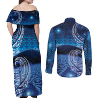 New Zealand Matariki Couples Matching Off Shoulder Maxi Dress and Long Sleeve Button Shirt Taniko Aramoana With Koru Galaxy Sky Night