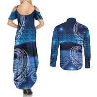 New Zealand Matariki Couples Matching Summer Maxi Dress and Long Sleeve Button Shirt Taniko Aramoana With Koru Galaxy Sky Night