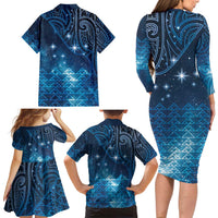 New Zealand Matariki Family Matching Long Sleeve Bodycon Dress and Hawaiian Shirt Taniko Aramoana With Maori Galaxy Sky Night