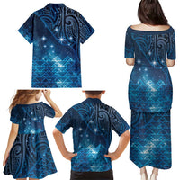New Zealand Matariki Family Matching Puletasi and Hawaiian Shirt Taniko Aramoana With Maori Galaxy Sky Night