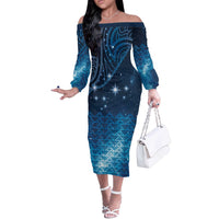 New Zealand Matariki Off The Shoulder Long Sleeve Dress Taniko Aramoana With Maori Galaxy Sky Night