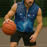 New Zealand Matariki Sleeveless Zip Hoodie Taniko Aramoana With Maori Galaxy Sky Night - Polynesian Pride
