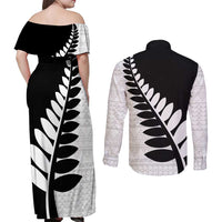 New Zealand Silver Fern Niho Taniwha Couples Matching Off Shoulder Maxi Dress and Long Sleeve Button Shirt