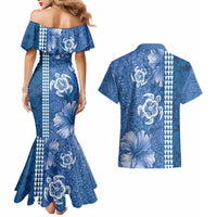 Blue Hibiscus Turle Couples Matching Mermaid Dress and Hawaiian Shirt Hawaiian Style Tribal Tapa Pattern