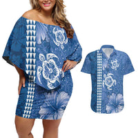 Blue Hibiscus Turle Couples Matching Off Shoulder Short Dress and Hawaiian Shirt Hawaiian Style Tribal Tapa Pattern