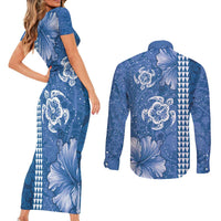 Blue Hibiscus Turle Couples Matching Short Sleeve Bodycon Dress and Long Sleeve Button Shirt Hawaiian Style Tribal Tapa Pattern