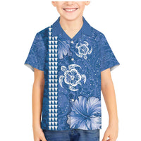 Blue Hibiscus Turle Family Matching Mermaid Dress and Hawaiian Shirt Hawaiian Style Tribal Tapa Pattern LT9 Son's Shirt Blue - Polynesian Pride