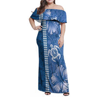 Blue Hibiscus Turle Family Matching Off Shoulder Maxi Dress and Hawaiian Shirt Hawaiian Style Tribal Tapa Pattern