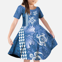 Blue Hibiscus Turle Family Matching Short Sleeve Bodycon Dress and Hawaiian Shirt Hawaiian Style Tribal Tapa Pattern LT9 Daughter's Dress Blue - Polynesian Pride