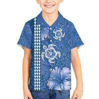 Blue Hibiscus Turle Family Matching Short Sleeve Bodycon Dress and Hawaiian Shirt Hawaiian Style Tribal Tapa Pattern LT9 Son's Shirt Blue - Polynesian Pride
