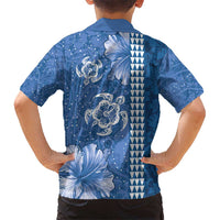 Blue Hibiscus Turle Kid Hawaiian Shirt Hawaiian Style Tribal Tapa Pattern