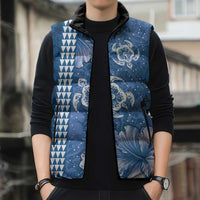 Blue Hibiscus Turle Sleeveless Puffer Jacket Hawaiian Style Tribal Tapa Pattern - Polynesian Pride