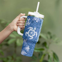 Blue Hibiscus Turle Tumbler With Handle Hawaiian Style Tribal Tapa Pattern
