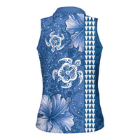 Blue Hibiscus Turle Women Sleeveless Polo Shirt Hawaiian Style Tribal Tapa Pattern