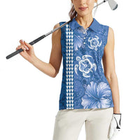 Blue Hibiscus Turle Women Sleeveless Polo Shirt Hawaiian Style Tribal Tapa Pattern