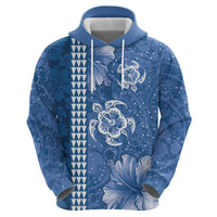Blue Hibiscus Turle Zip Hoodie Hawaiian Style Tribal Tapa Pattern