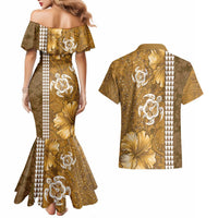 Gold Hibiscus Turle Couples Matching Mermaid Dress and Hawaiian Shirt Hawaiian Style Tribal Tapa Pattern