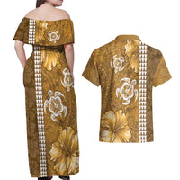 Gold Hibiscus Turle Couples Matching Off Shoulder Maxi Dress and Hawaiian Shirt Hawaiian Style Tribal Tapa Pattern